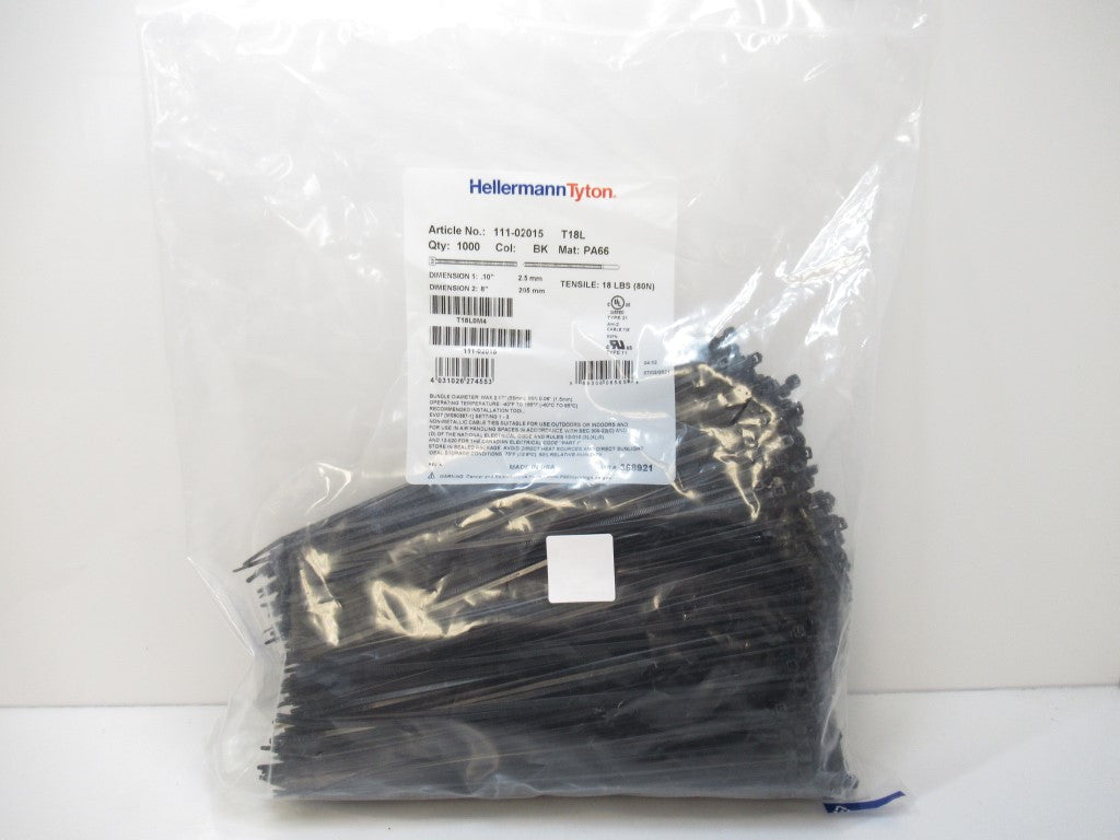 HellermannTyton T18L0M4 8" Black Cable Ties 18 lbs Tensile Strength