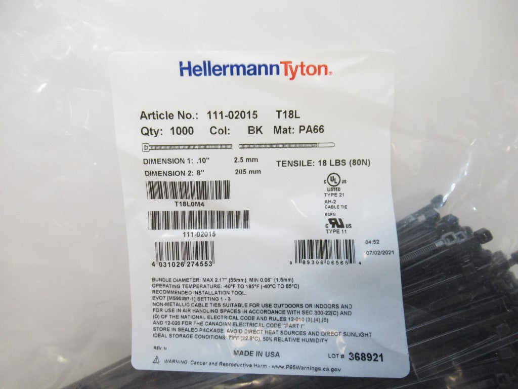 HellermannTyton T18L0M4 8" Black Cable Ties 18 lbs Tensile Strength