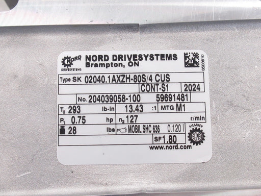 Nord SK02040.1AXZH-80S/4CUS Moteur SK80S4CUS, 0.75 Hp, 3 Phases, Ratio: 13.43 :1