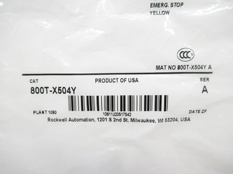 Allen Bradley 800T-X504Y Standard Yellow Legend Plate, Emerg. Stop
