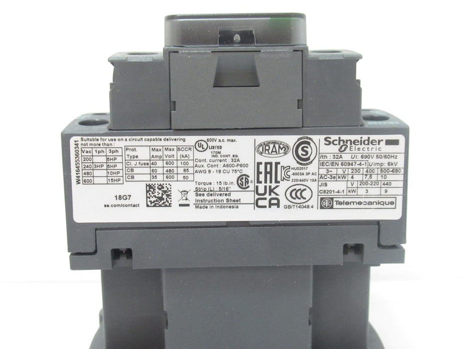 Schneider Electric LC1D18G7 TeSys Deca IEC Contactor, Nonreversing, 3 Phase, 18A