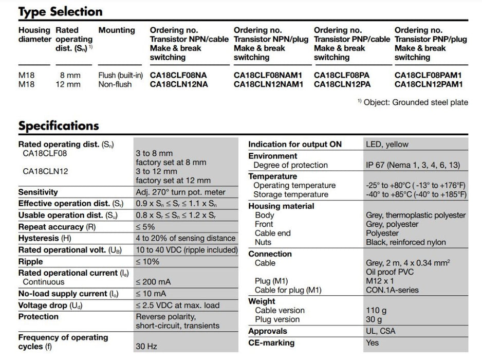CA18CLF08NA Carlo Gavazzi Proximity Sensor Capacitive Thermoplastic, Sold In Kit