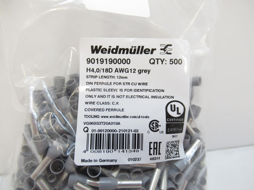 Weidmuller 9019190000 Wire End Ferrule Type H4,0/18D GR, Pack Of 500