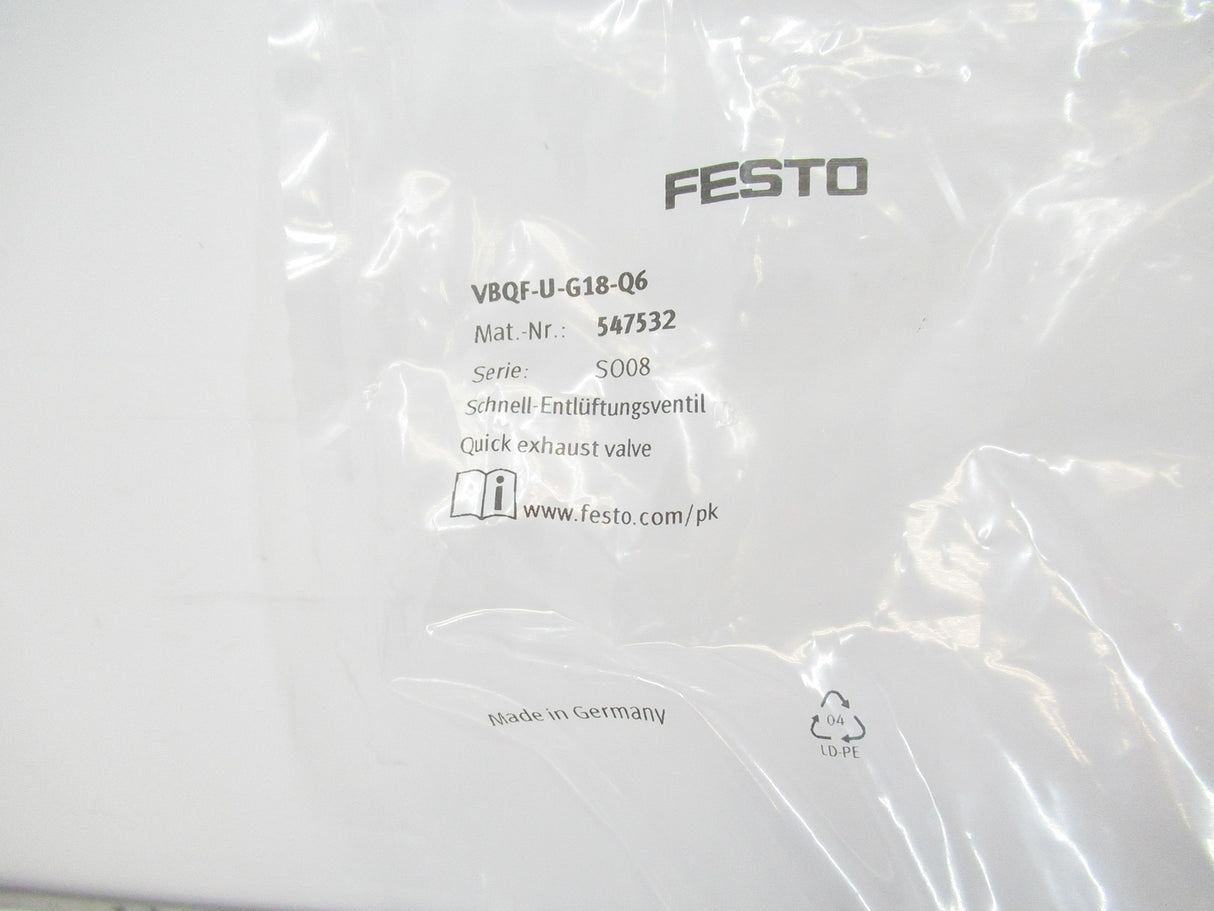 Festo VBQF-U-G18-Q6 547532 Quick Exhaust Valve, G1/8-QS-6