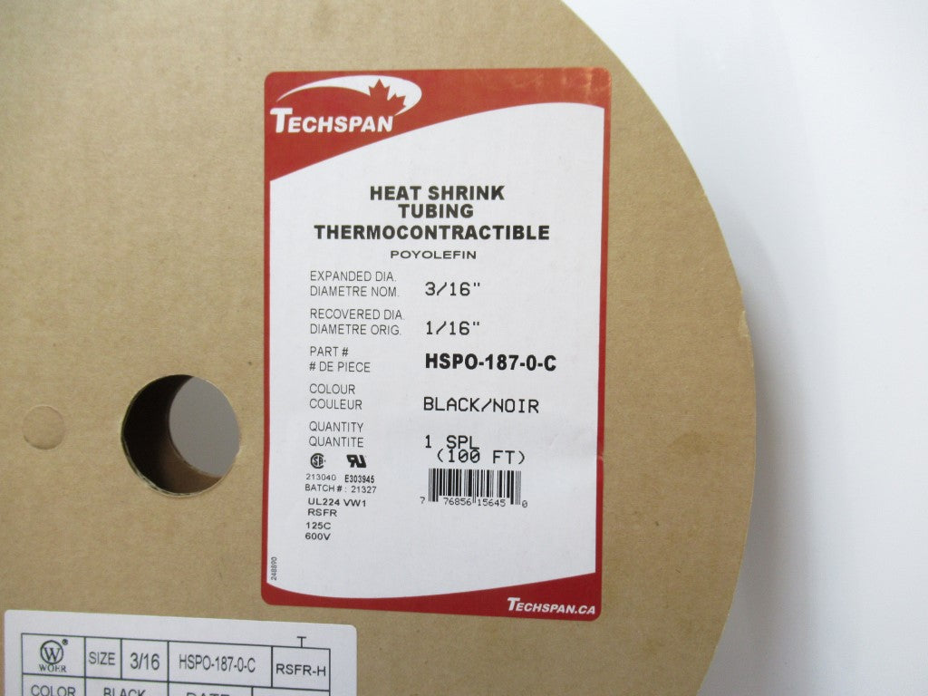 Techspan HSPO-187-0-C Heat Shrink Tubing 3/16", 100FT Long
