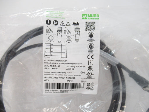 Murrelektronik 7000-40021-6540250 Cable M12 Male/Female 0 Deg A-Cod. 2.5 Meters
