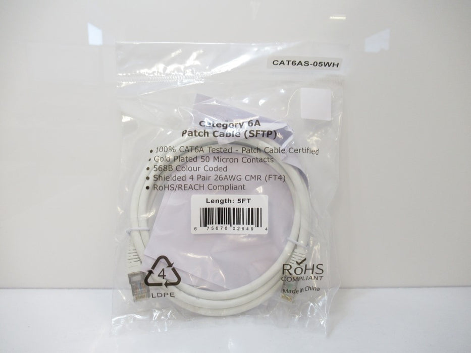 Ethernet Molded Patch Cable CAT6AS-05WH, White, RJ45, CAT6A, SFTP, 10GB, 5 FT