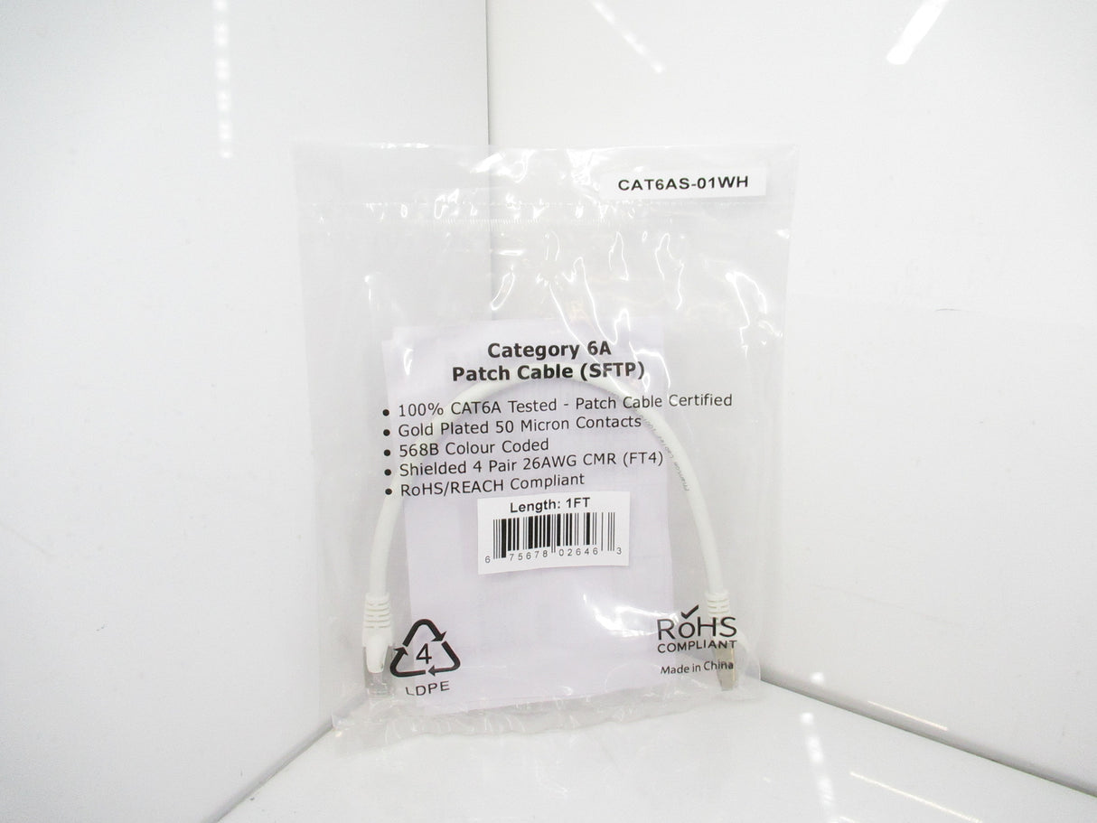 CAT6AS-01WH CAT6A SSTP 10GB Shielded Ethernet Molded Patch Cable, 1FT