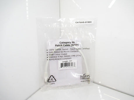 CAT6AS-01WH CAT6A SSTP 10GB Shielded Ethernet Molded Patch Cable, 1FT