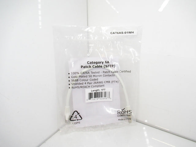 CAT6AS-01WH CAT6A SSTP 10GB Shielded Ethernet Molded Patch Cable, 1FT