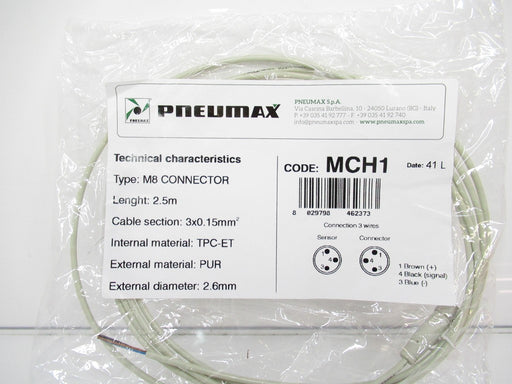 Pneumax MCH1 M8 Connector. 2.5 Meters Cable