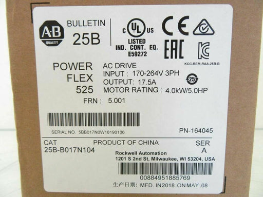 25B-B017N104 25BB017N104 Allen Bradley PowerFlex 525 AC Drive 5HP (Surplus 2018)