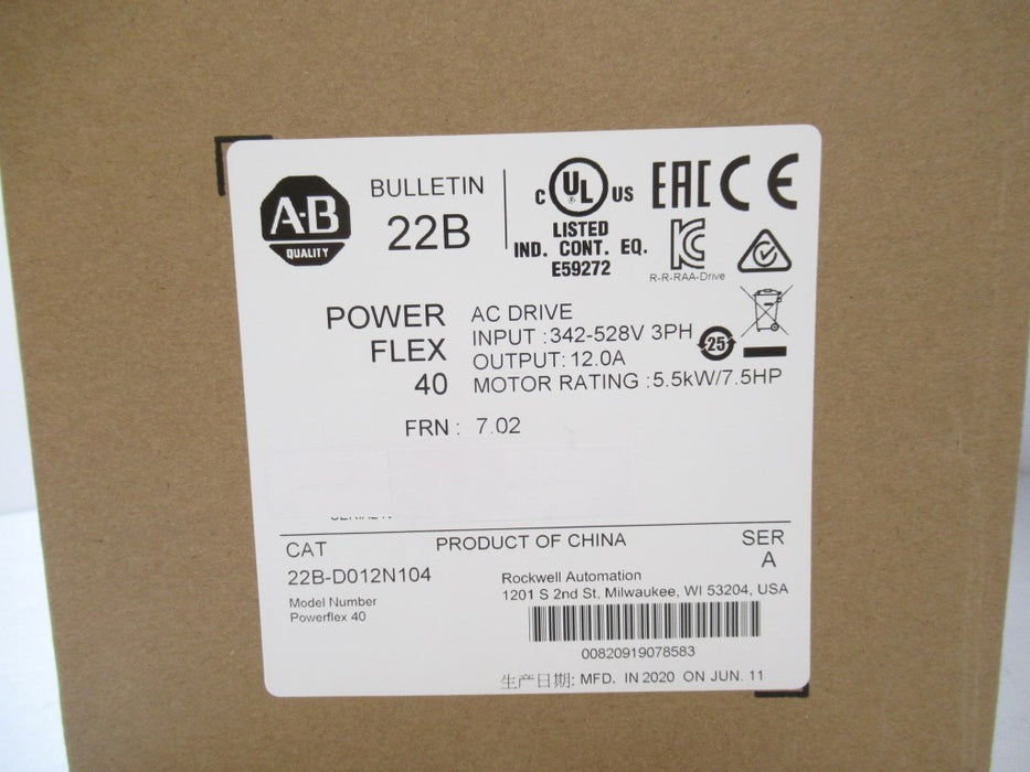 22B-D012N104 22BD012N104 Allen-Bradley PowerFlex 40 AC Drive (Surplus In Box 2020)