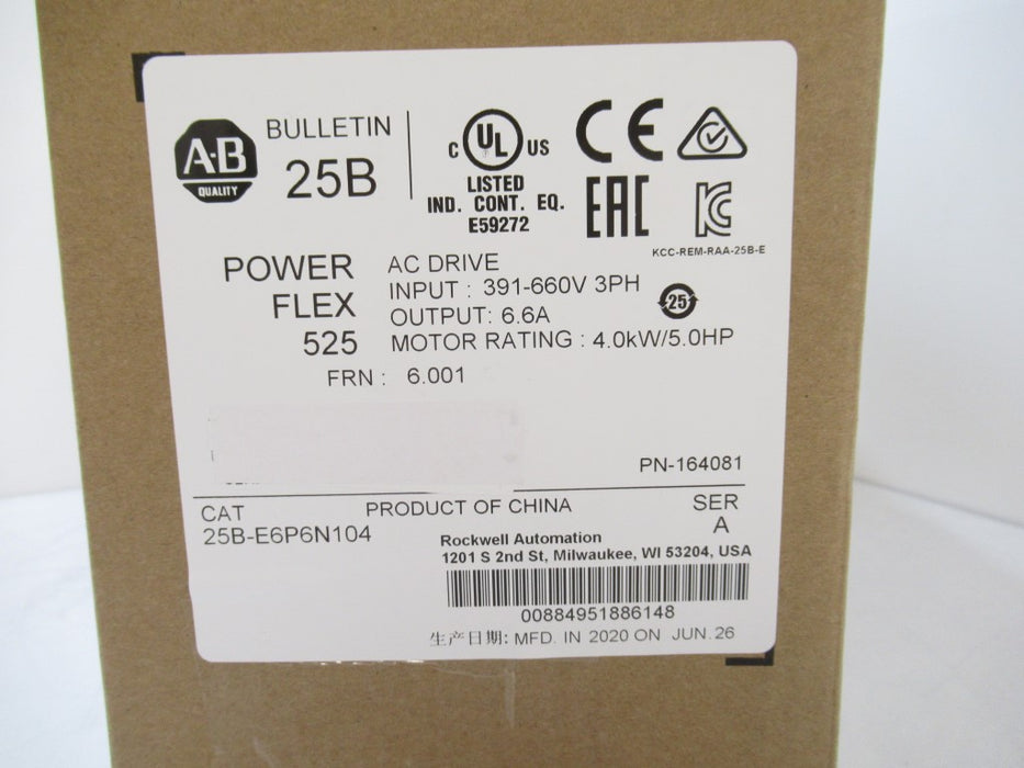25B-E6P6N104 Allen Bradley PowerFlex 525 Ac Drive 5HP(Surplus In Box 2020)