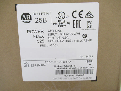 25B-E9P9N104 Allen-Bradley PowerFlex 525 AC Drive 7.5 HP, 3PH (Surplus In Box 2020)