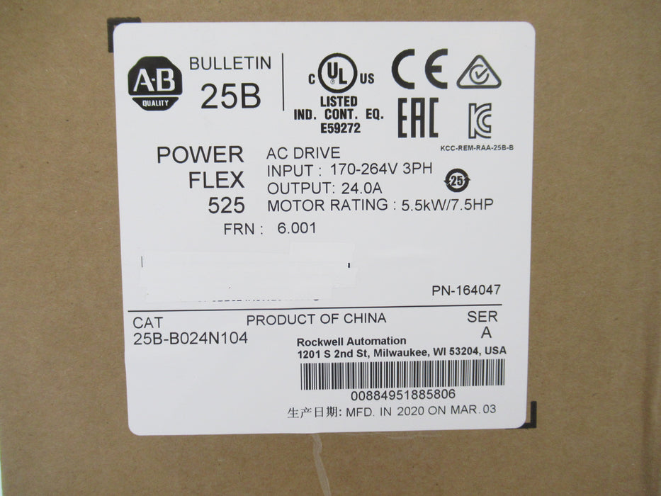 25B-B024N104 Allen-Bradley PowerFlex 525 AC Drive FRN: 6.001 (Surplus In Box 2020)