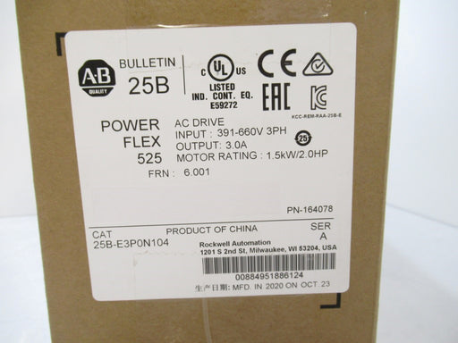 25B-E3P0N104 Allen-Bradley PowerFlex 525 AC Drive, 600V 3A 2HP Surplus In Box