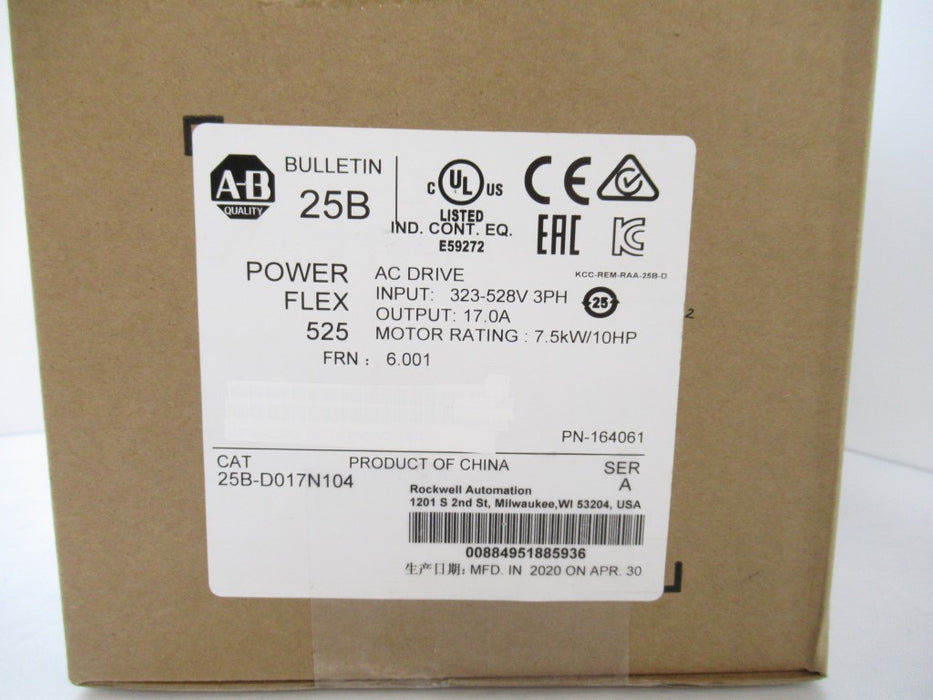 25B-D017N104 25B-D017N104 Allen Bradley PowerFlex 525 AC Drive 10 HP (Surplus, 2020)