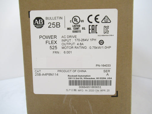 25B-A4P8N114 Allen-Bradley PowerFlex 525 AC Drive 240V - 1HP (Surplus In Box 2020)