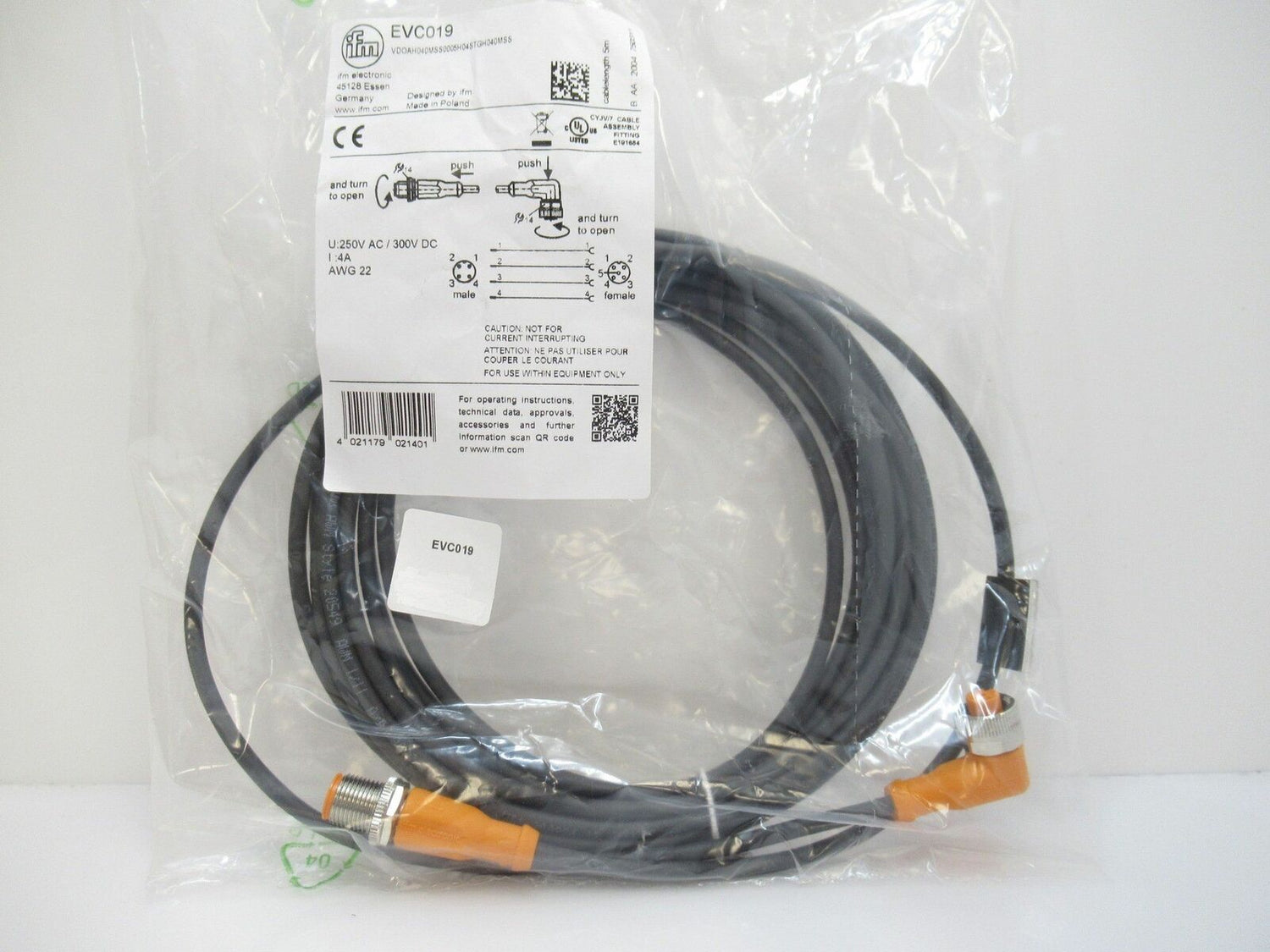 EVC019 VDOAH040MSS0005H04STGH040MSS Ifm Electronic Connection Cable 5m, PUR, M12