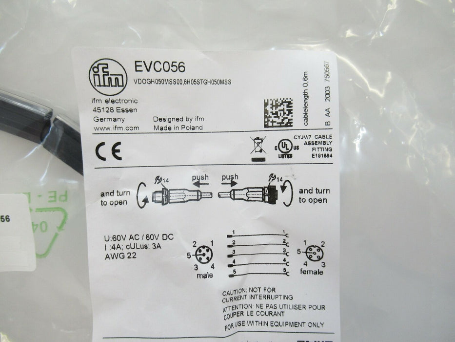 EVC056 Ifm Electronic Patchcord Straight M12 Plug 5 Pin M12 Socket (New Sealed)