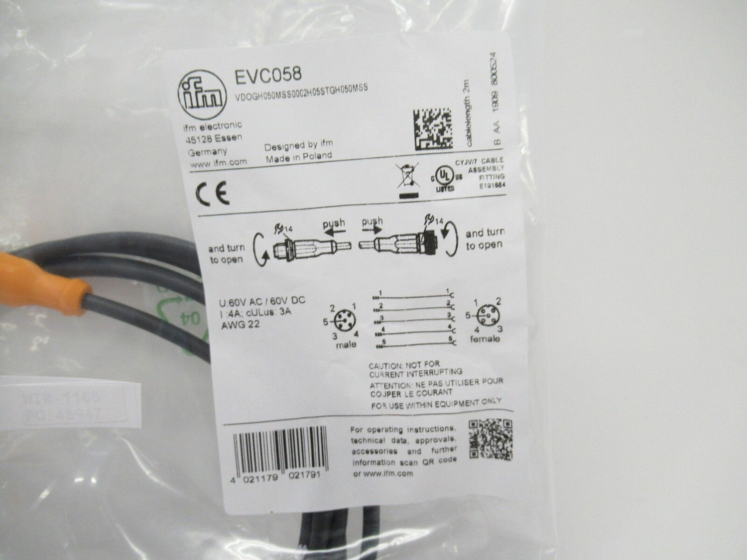 EVC058 VDOGH050MSS0002H05STGH050MSS Ifm Electronic Connection Cable New Sealed
