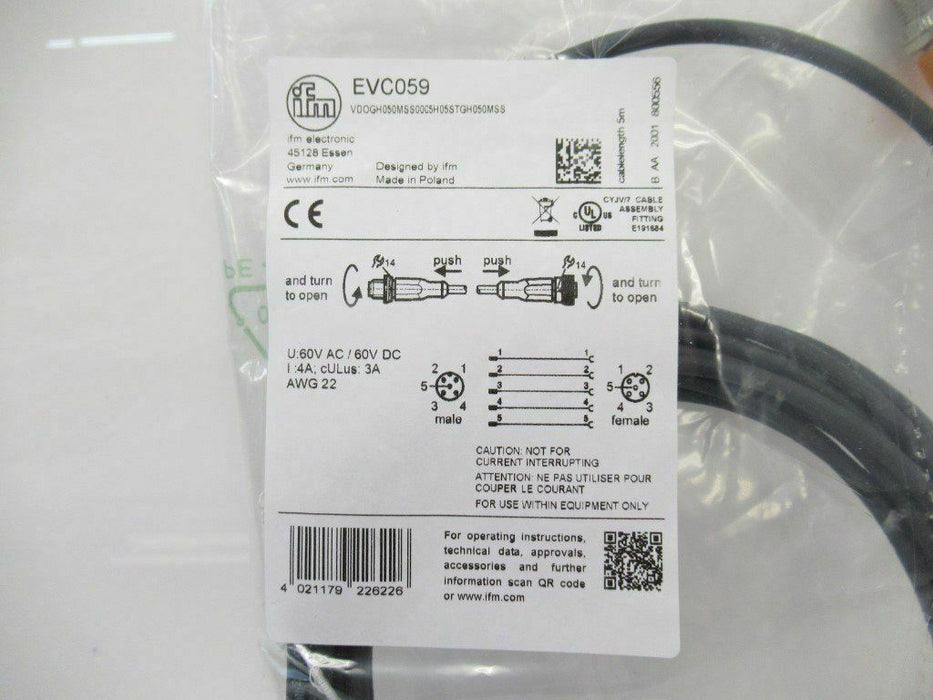 EVC059 Ifm Electronic Connection Cable Male/Female 5 Pins (New In Bag)