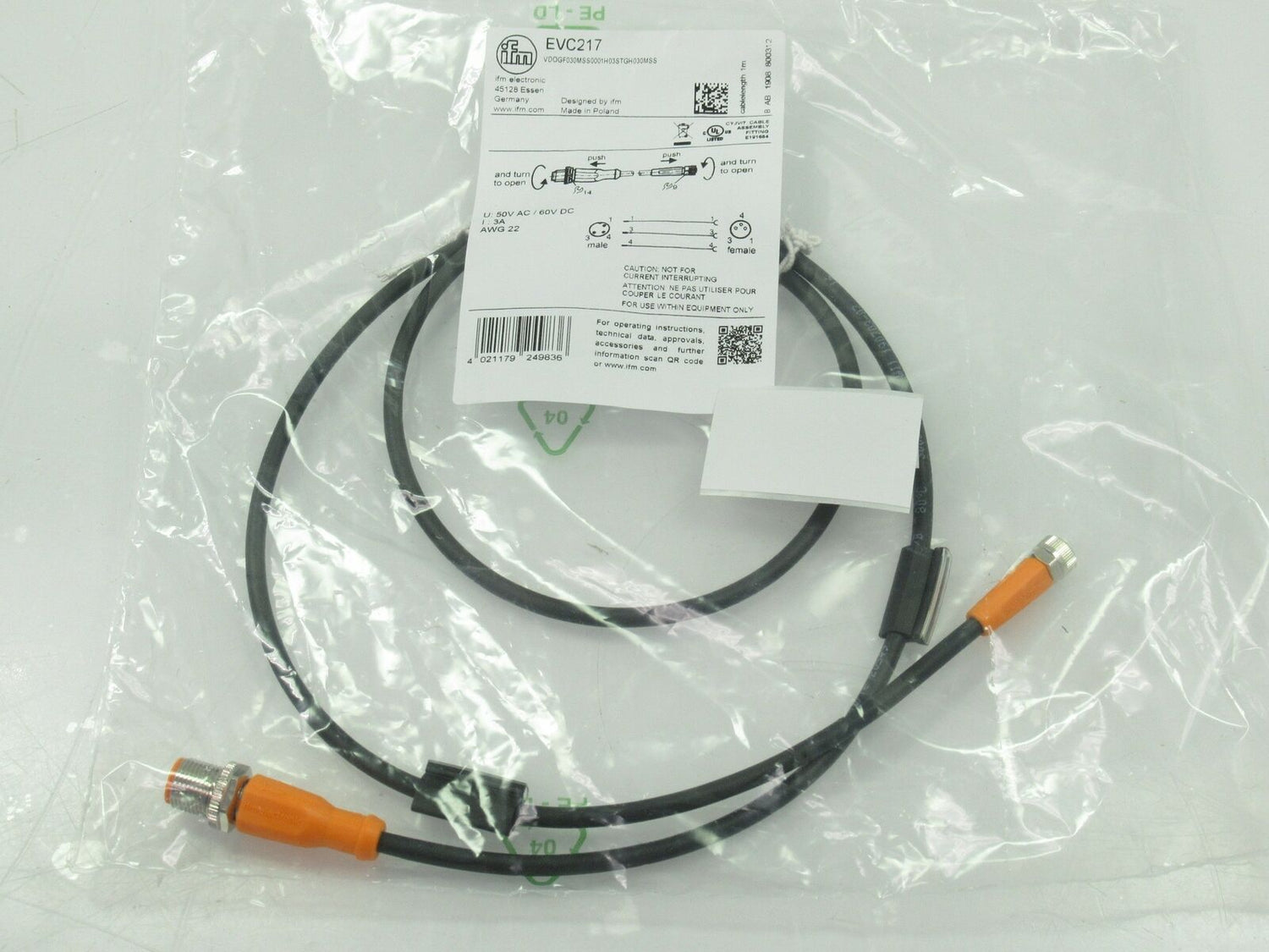 EVC217 Ifm Electronic Connection Cable For Sensors; M12 / M8 3-Pins, New In Bag