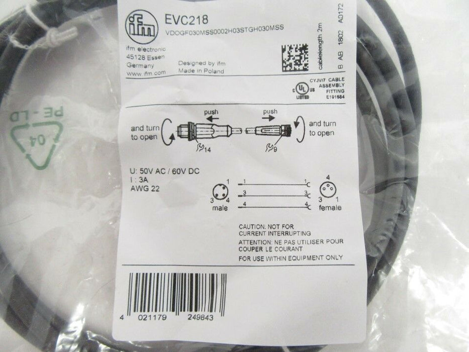 EVC218 VDOGF030MSS0002H03STGH030MSS Ifm Electronic Connection Cable M8 Connector
