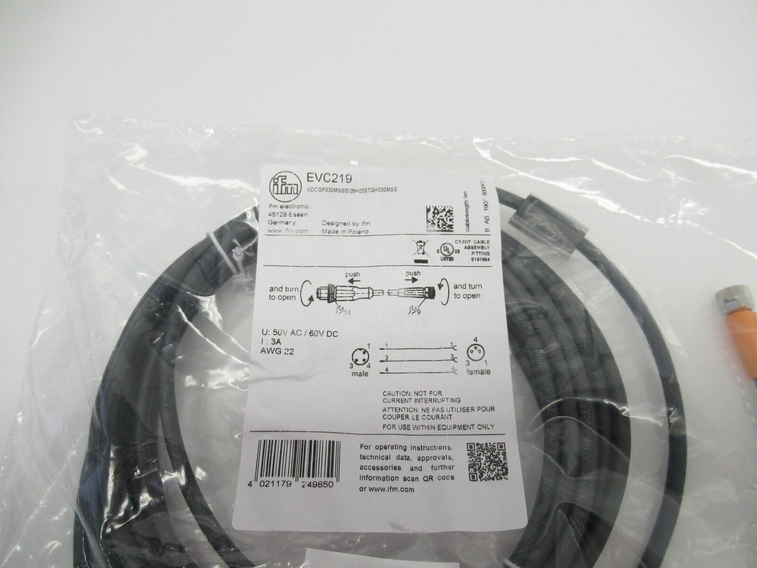 EVC219 Ifm Electronic Connection Cable For Sensors With M12 Plug, M8 Socket