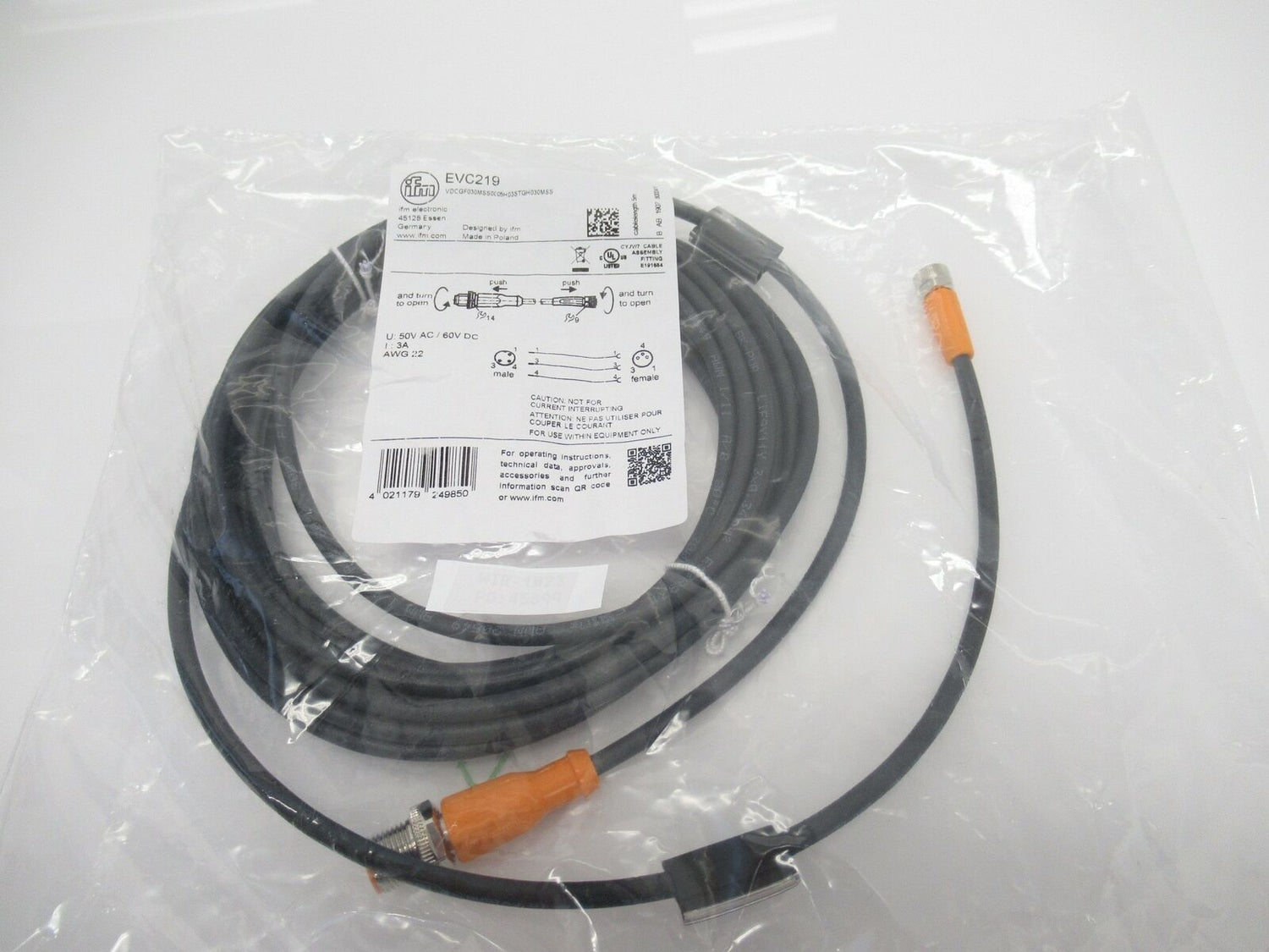 EVC219 Ifm Electronic Connection Cable For Sensors With M12 Plug, M8 Socket