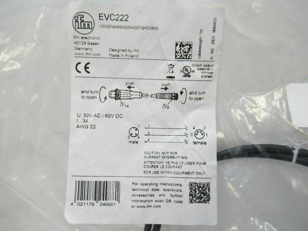 EVC222 Ifm Electronic Connection Cable 1m PUR-Cable; M12/M8 Connector (New)