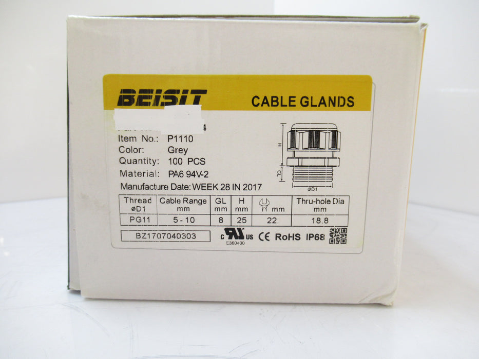 P1110 BEISIT PG Type Nylon Cable Glands, Grey, Sold Per Pack Of 100