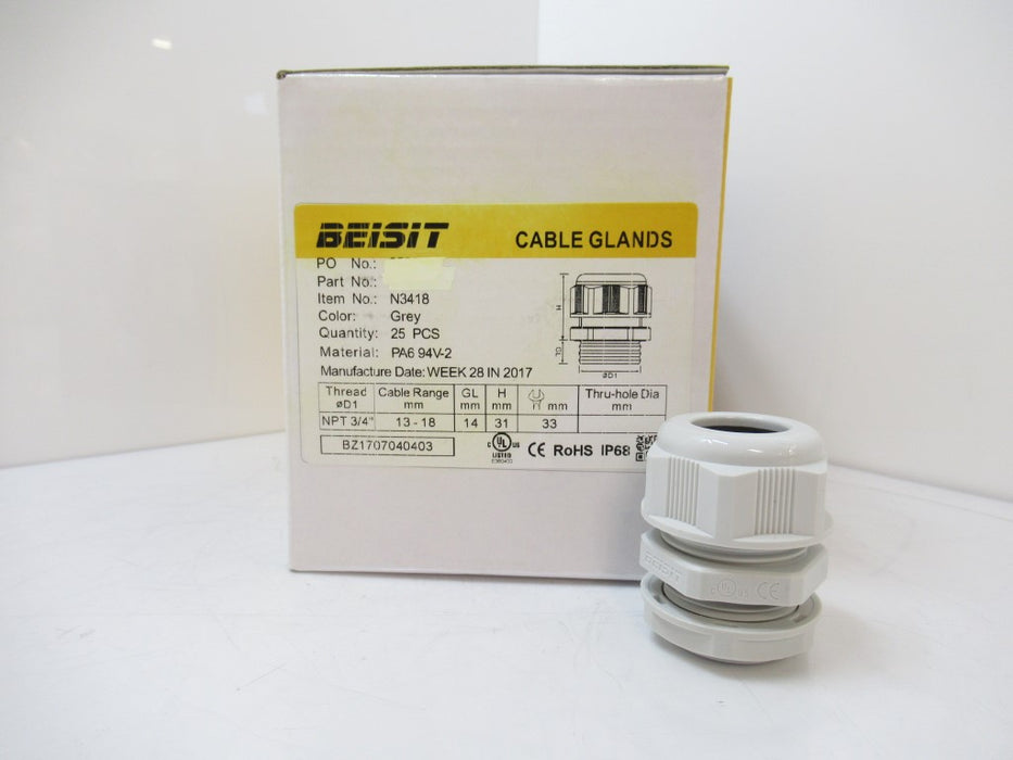N3418 Beisit Cable Glands NPT 3/4" Cable Range 13 - 18 mm, Sold Per Pack Of 25