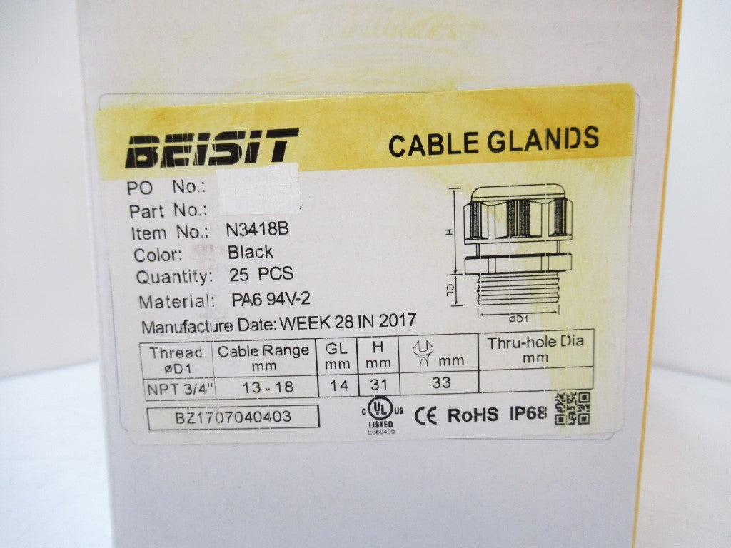 N3418B Beisit Cable Glands 3/4" NPT Black Cable Range 13-18 mm, Pack Of 25