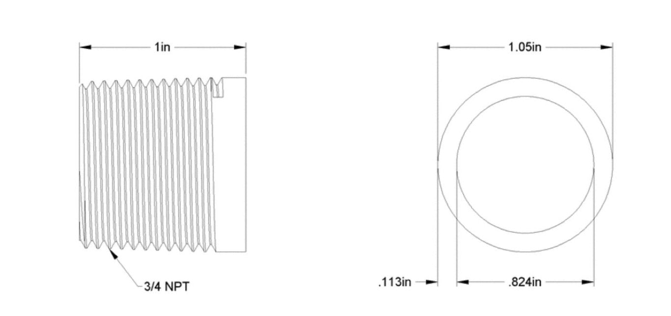 Straight Pipe Adapter, Threaded On One End, 3/4" NPT, 1" Lenght, SS304