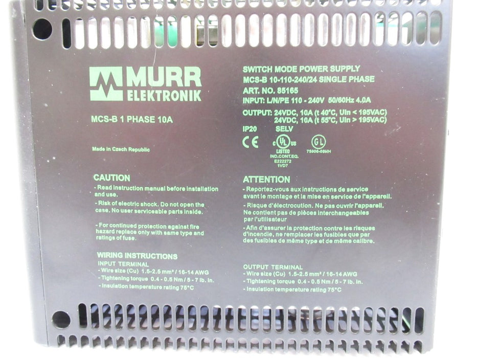 85165 MurrElektronik MCS-B Power Supply 1-Phase, 110/240V AC, DC24V / 10A