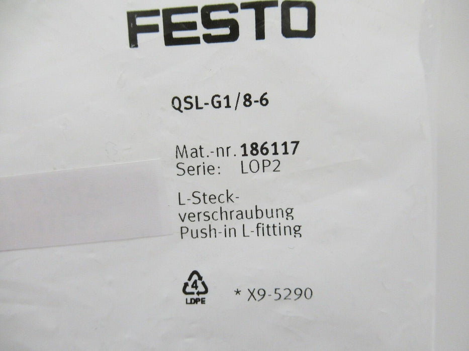 186117 QSL-G1/8-6 Festo Push-In L-Fitting Sold By Unit, New