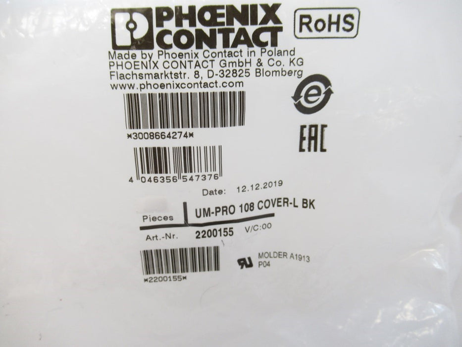 2200155 Phoenix Contact UM-PRO 108 COVER-L BK (Sold By Unit New)