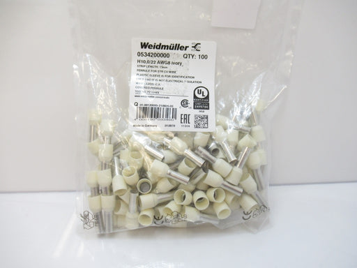 0534200000 Weidmüller H10,0/22 Wire-End Ferrule Plastic Collar AWG8 Pack Of 100