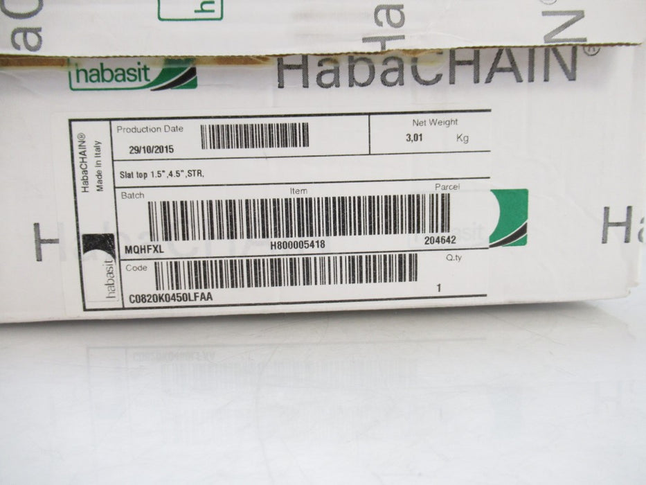 C0820K0450LFAA HabaCHAIN Slat Top Chain, Straight, SD, LF Acetal New In Box