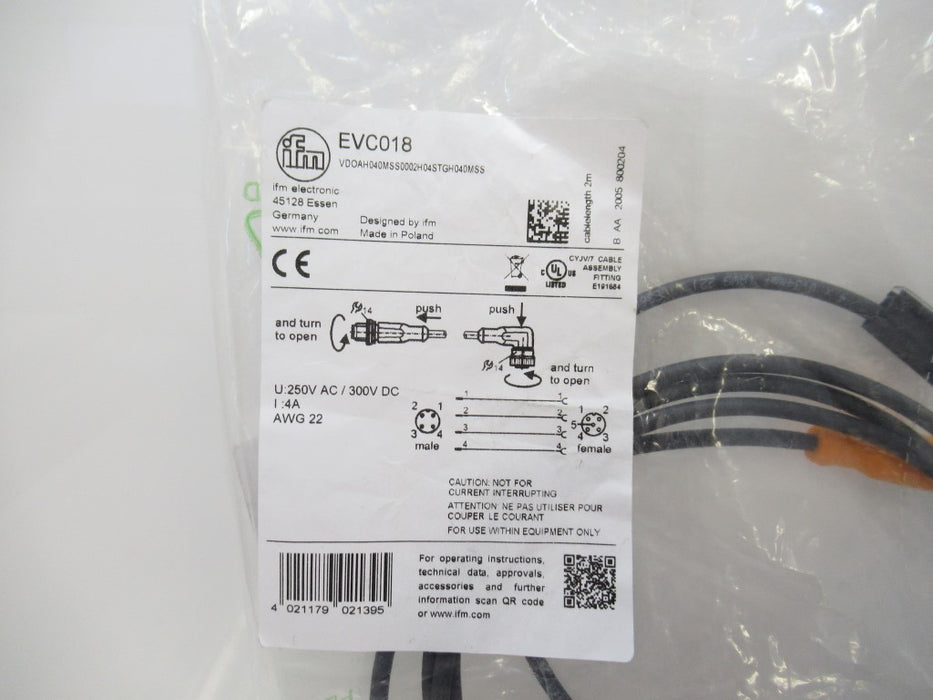 EVC018 Ifm Electronic, 2m Pur-Cable: M12 Connector
