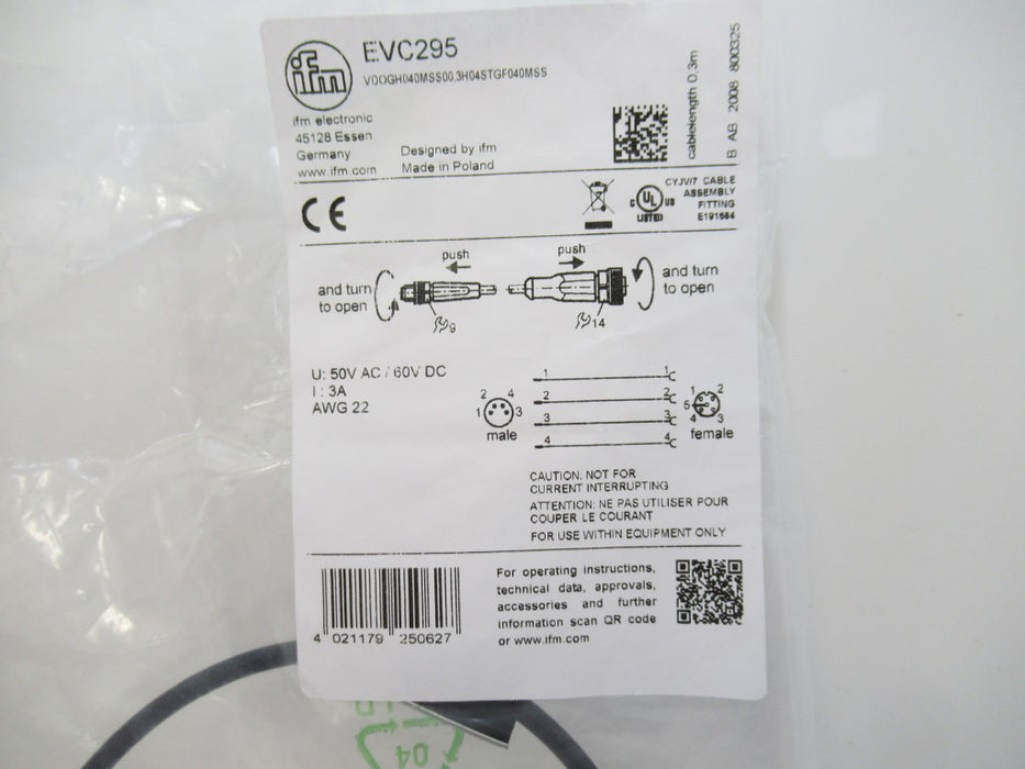 EVC295 Ifm Electronic 0.3 m PUR-Cable; M8 / M12 Connector (New In Bag)